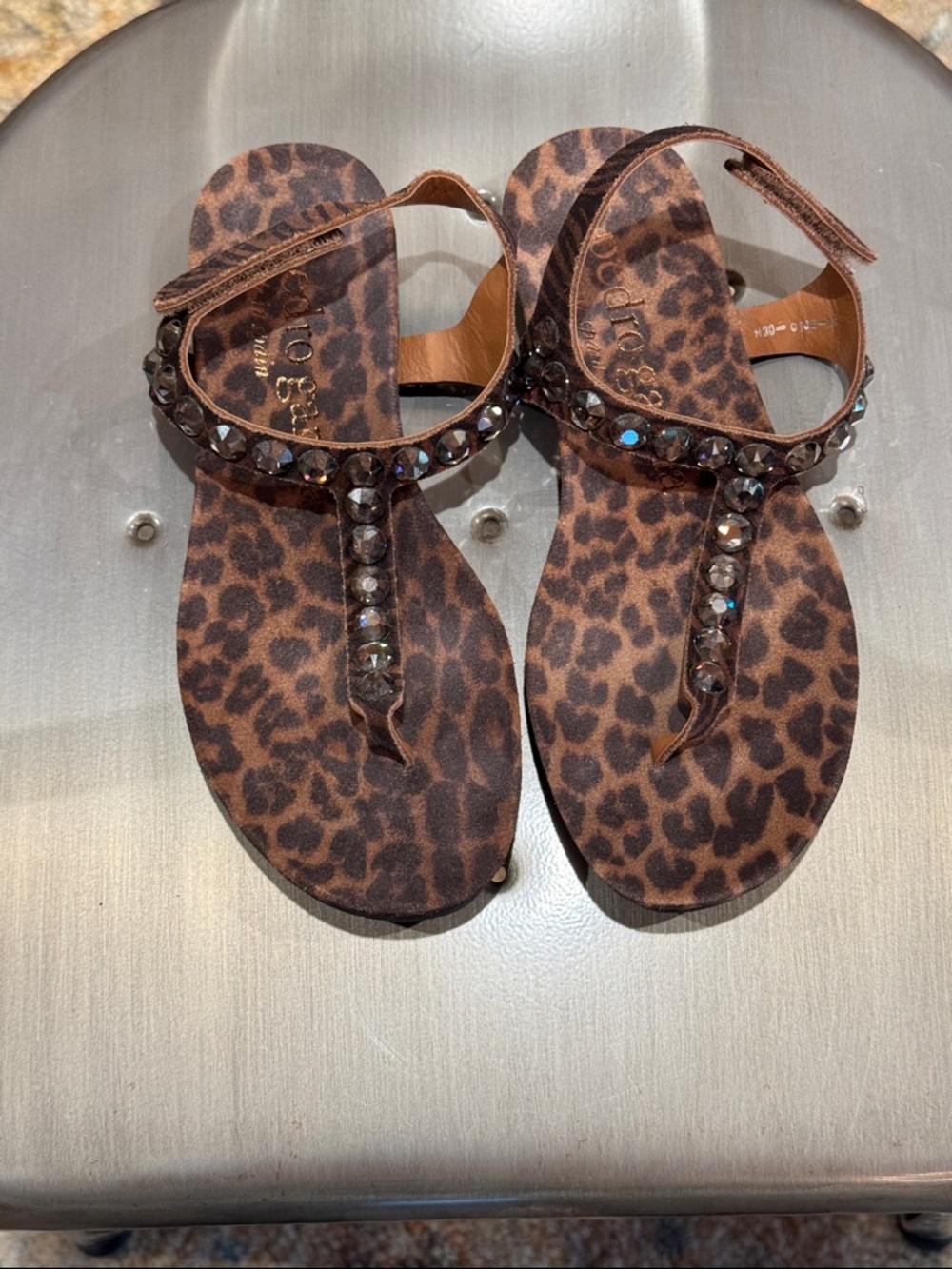Pedro Garcia Leopard Print Jeweled T-Strap Sandals - Brown - Picture 2 of 3